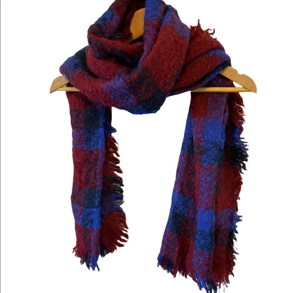 Red & Blue Plaid Frayed Large Blanket Scarf